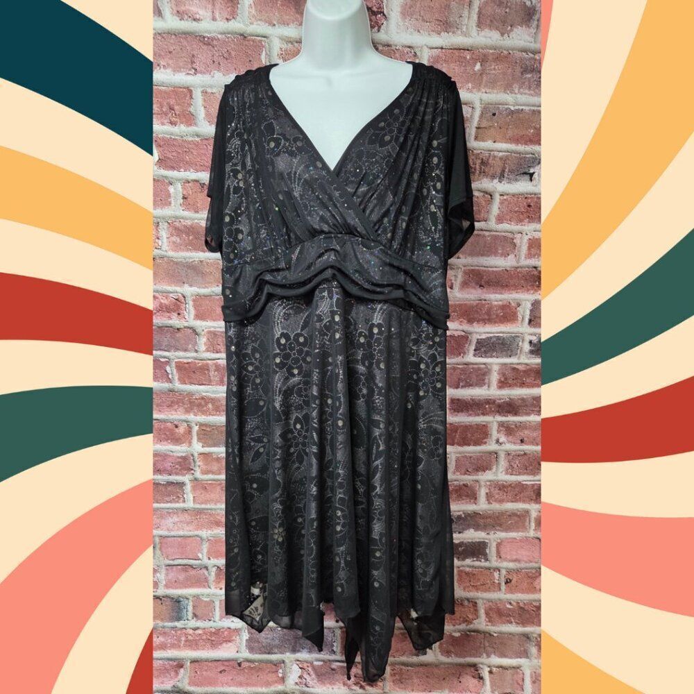 Studio 1940 Floral Dress 22W | Vintage Y2K Handkerchief Hem Layered Black‎ Boho